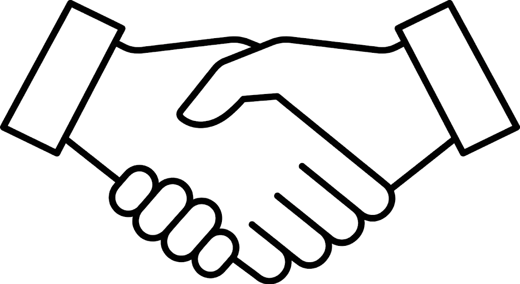 握手をしている二つの手を線で表現したシンプルなアイコン。信頼や合意を象徴している。