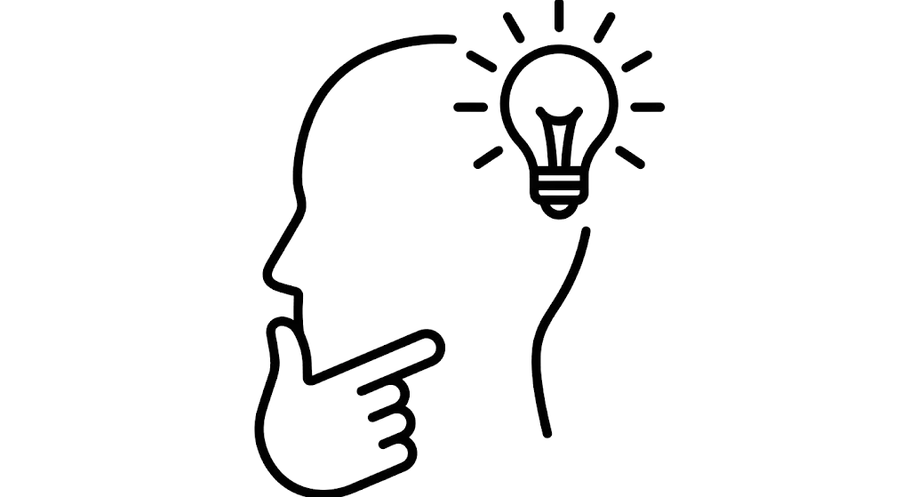 顎に手を当てた人物の横顔と、ひらめきを示す電球が描かれた思考とアイデアのアイコン。